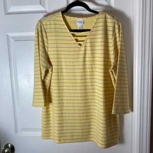Chico’s Top Stripped V Neck Yellow Grey 3/4 Sleeve